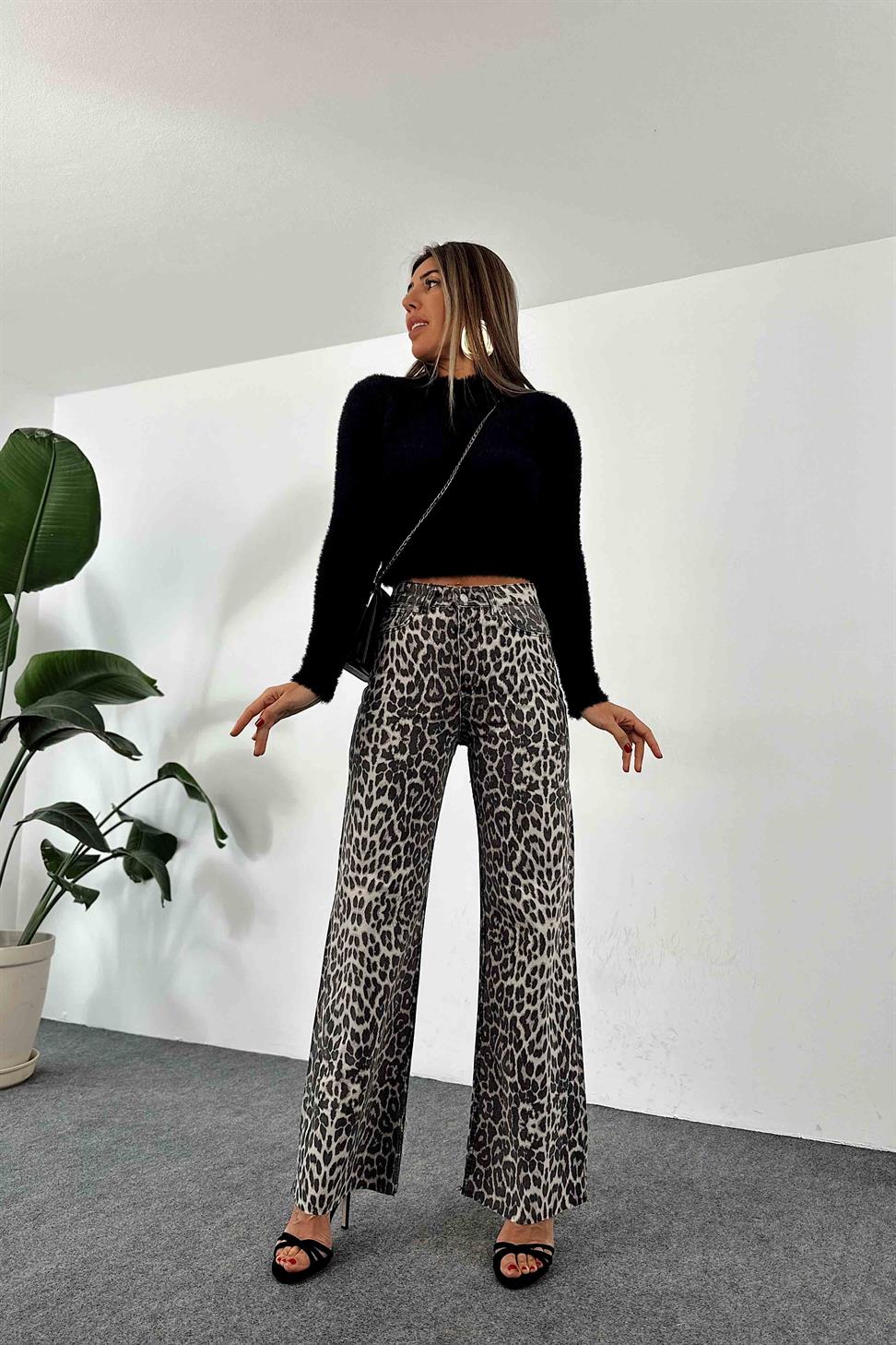 Premium Seri Leopar Desen Straight Jean Pantolon Siyah