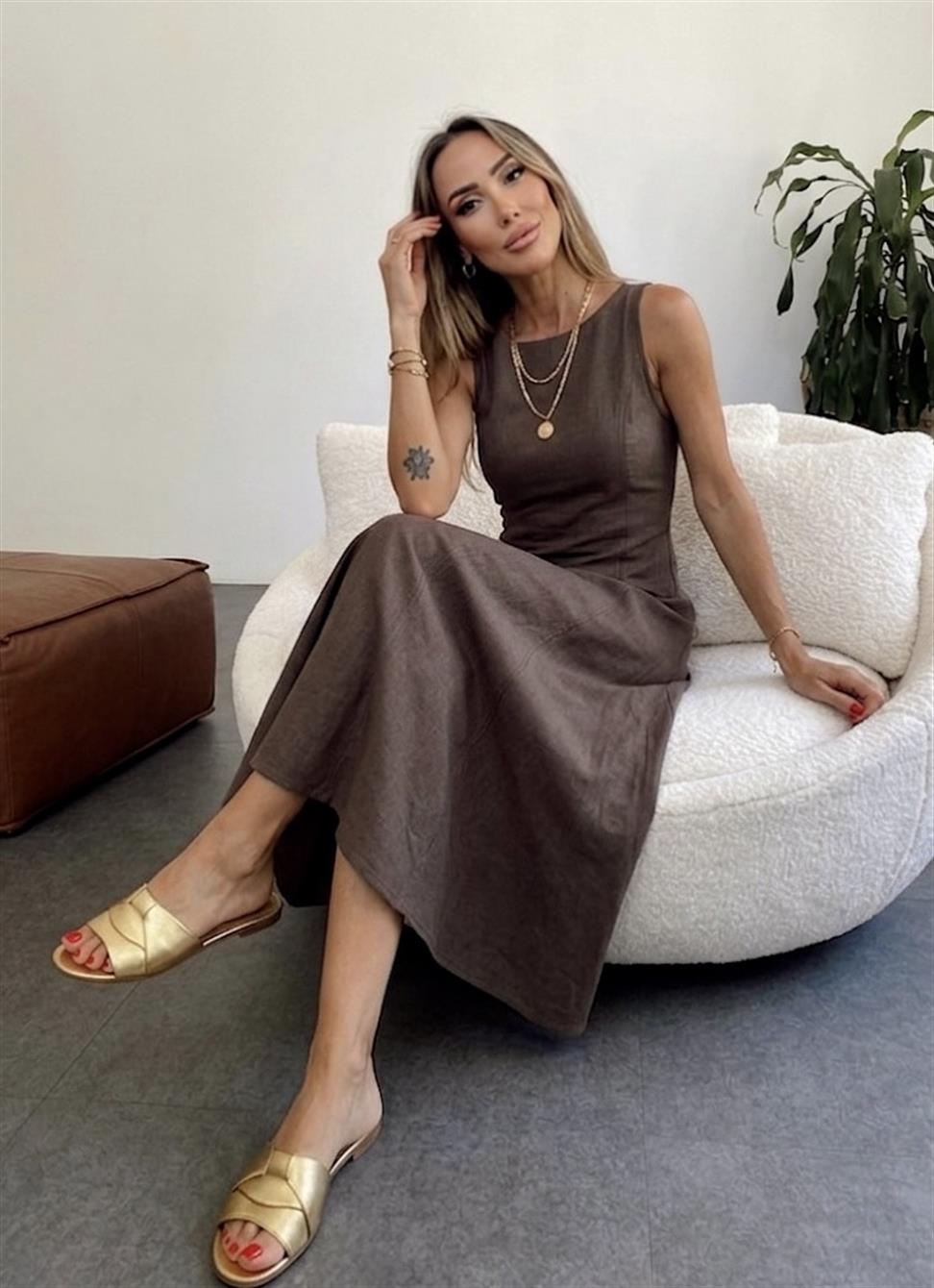 Premium Seri Maxi Keten Elbise Kahverengi