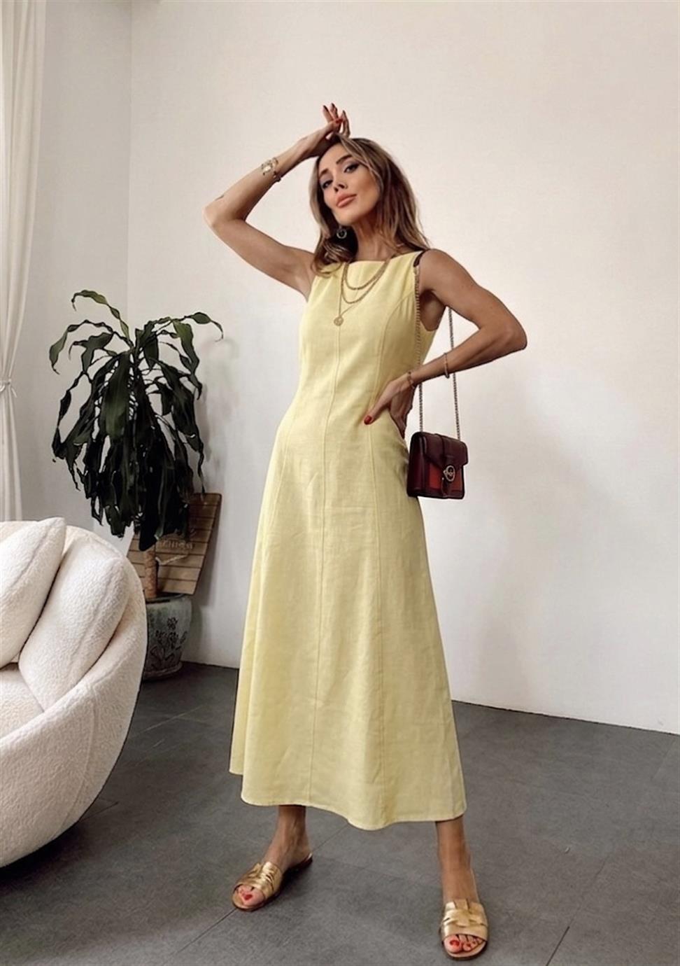 Premium Seri Maxi Keten Elbise Sarı