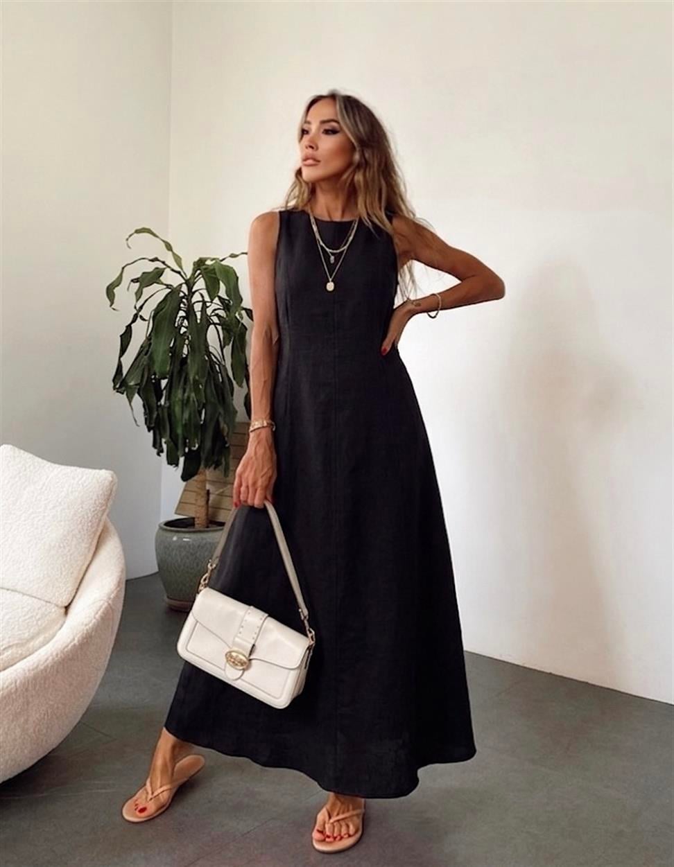 Premium Seri Maxi Keten Elbise Siyah