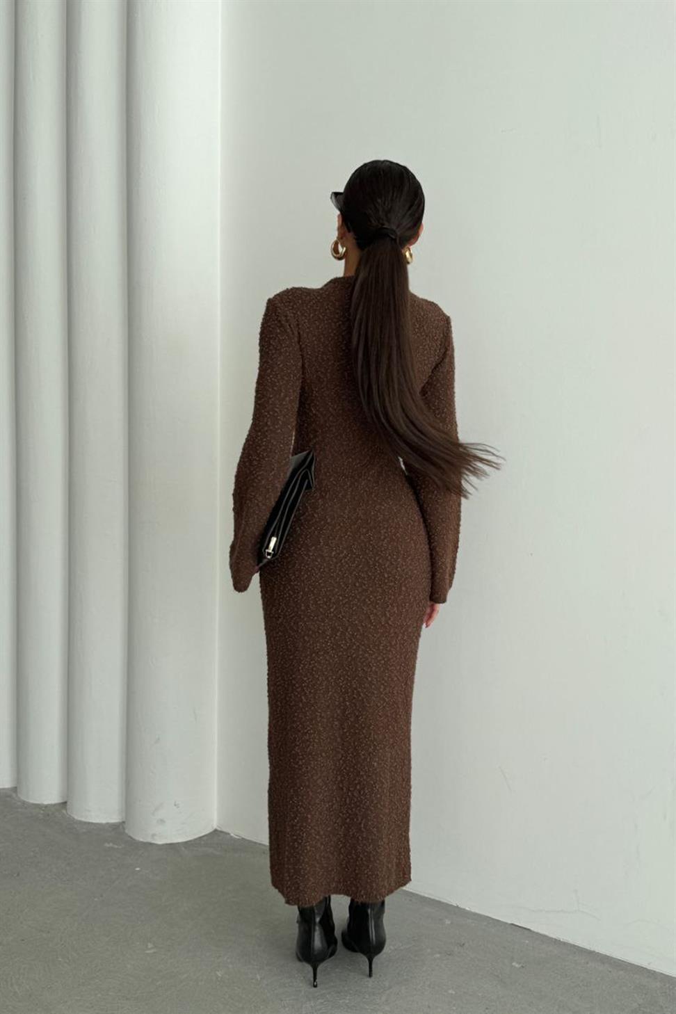 Premium Seri Özel Dokulu Maxi Elbise Acı Kahve