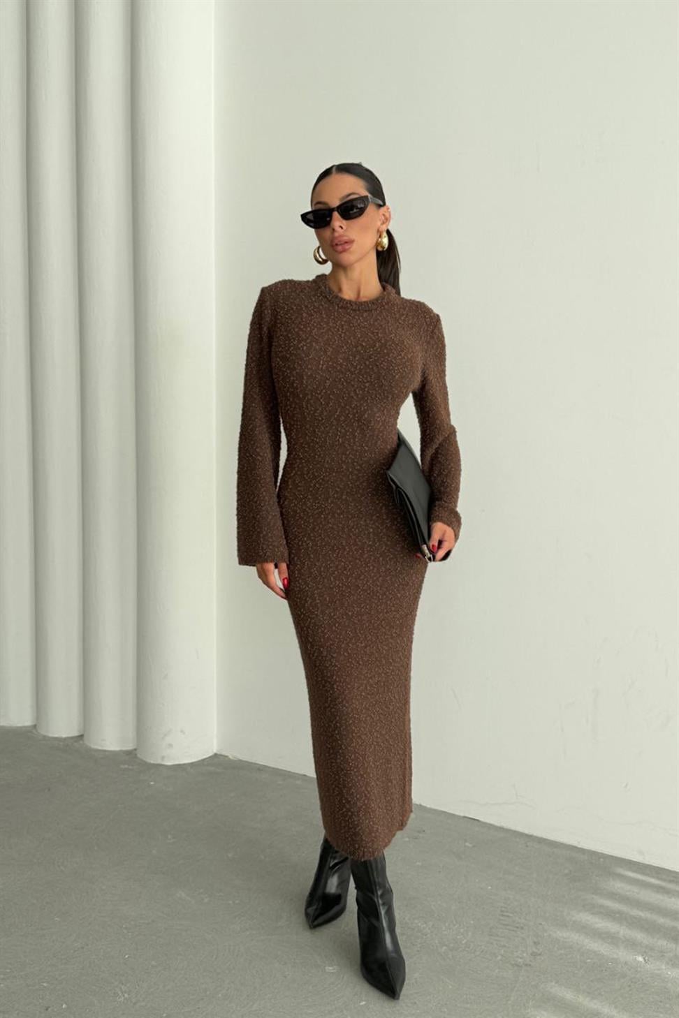 Premium Seri Özel Dokulu Maxi Elbise Acı Kahve