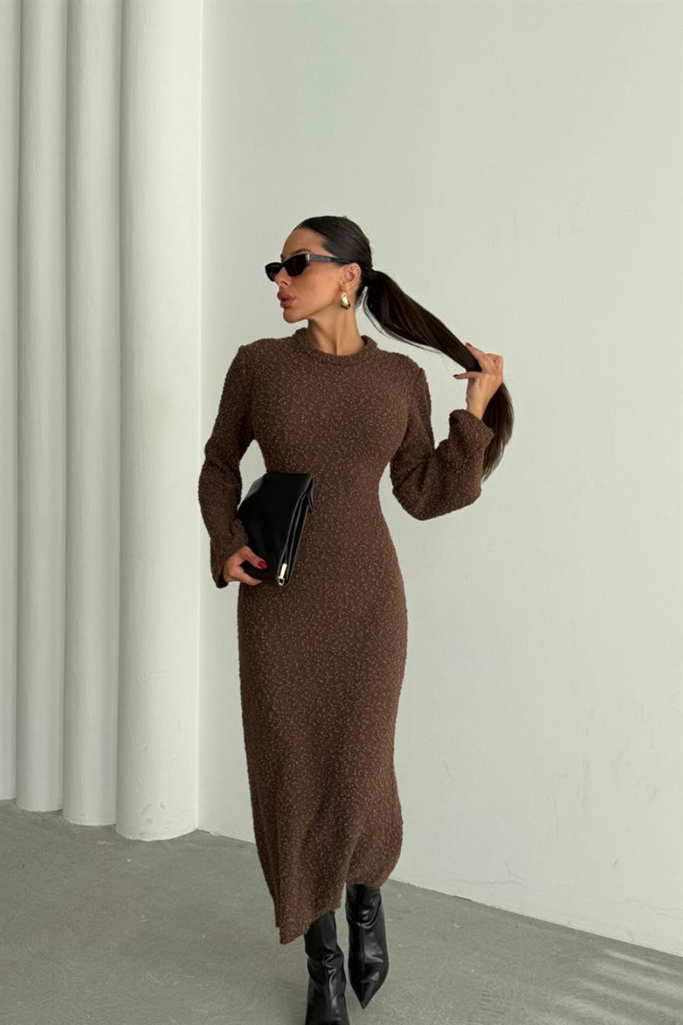 Premium Seri Özel Dokulu Maxi Elbise Acı Kahve