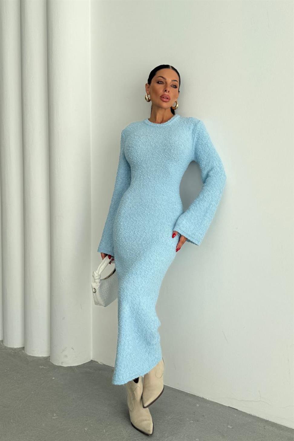 Premium Seri Özel Dokulu Maxi Elbise Bebe Mavisi