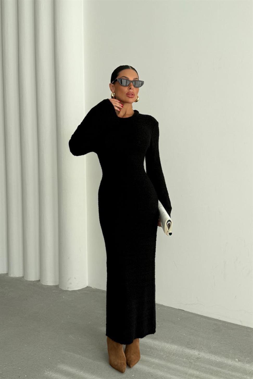 Premium Seri Özel Dokulu Maxi Elbise Siyah