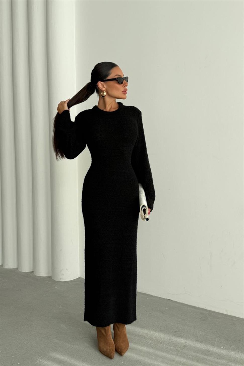 Premium Seri Özel Dokulu Maxi Elbise Siyah