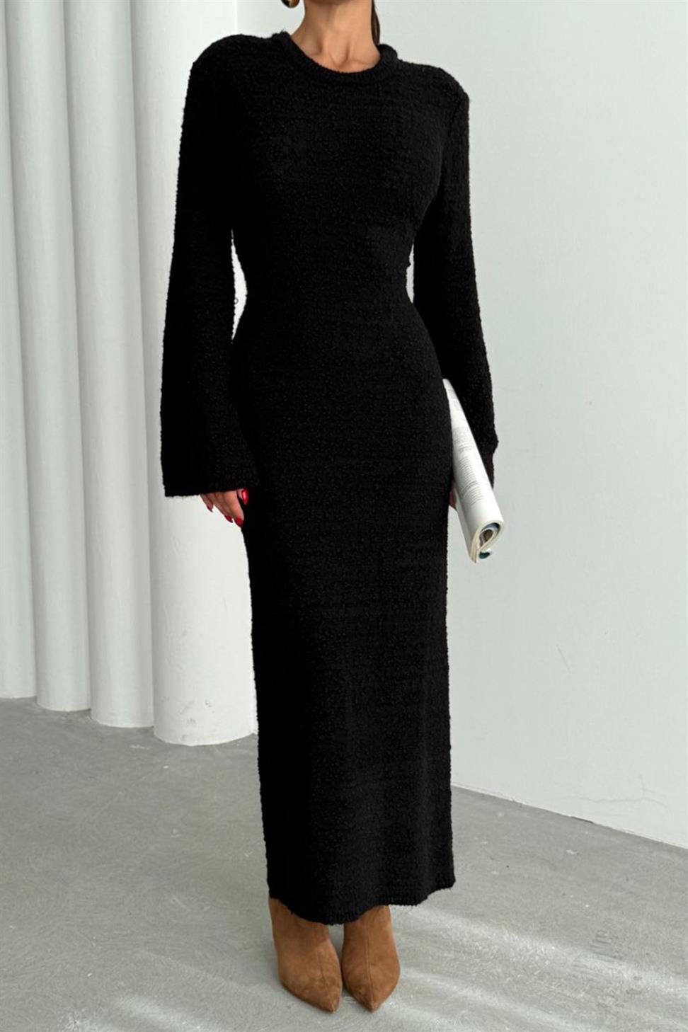 Premium Seri Özel Dokulu Maxi Elbise Siyah