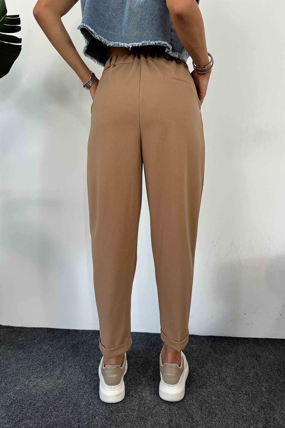 Premium Seri Paçası Katlamalı Kadın Pantolon Camel