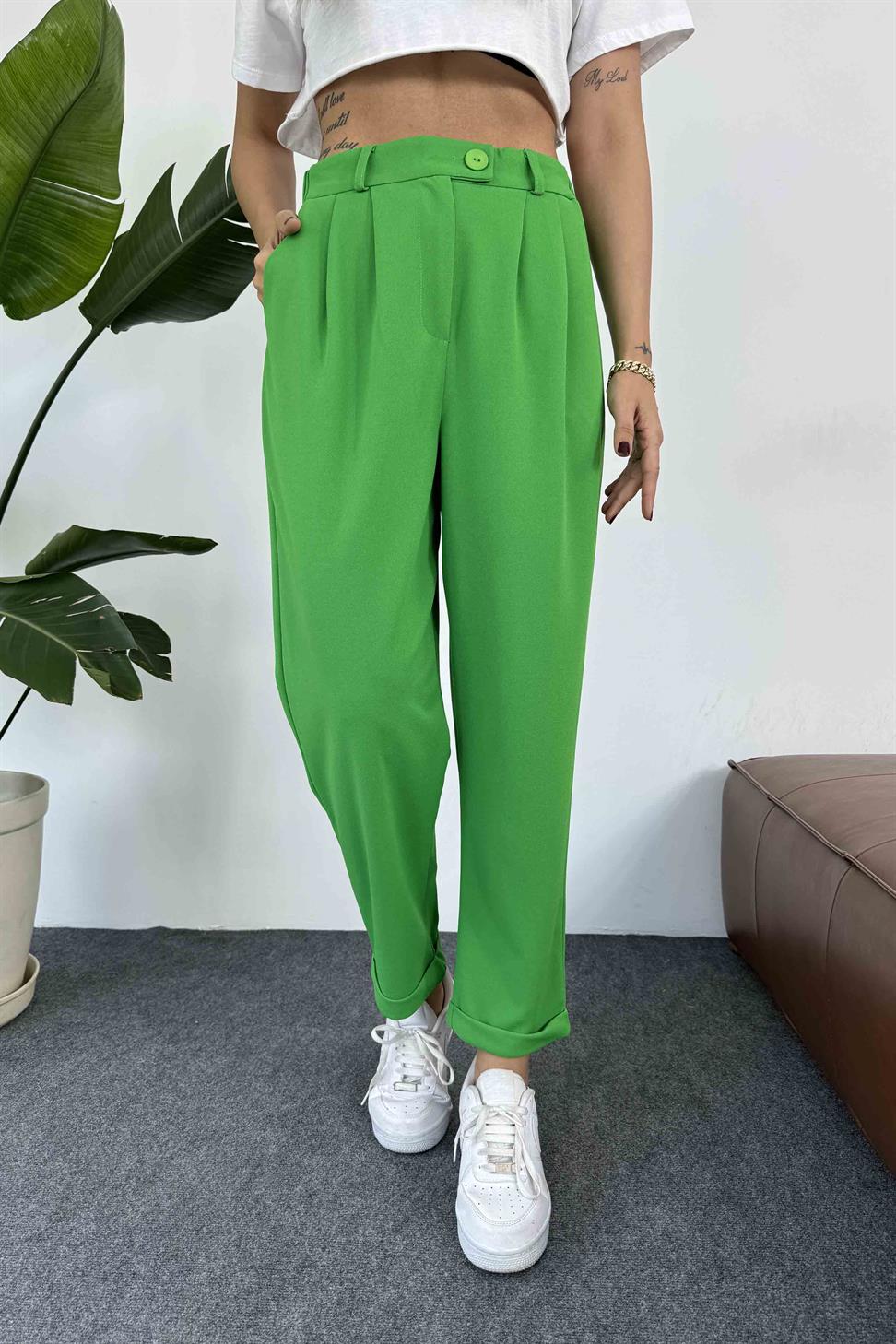 Premium Seri Paçası Katlamalı Kadın Pantolon Yeşil