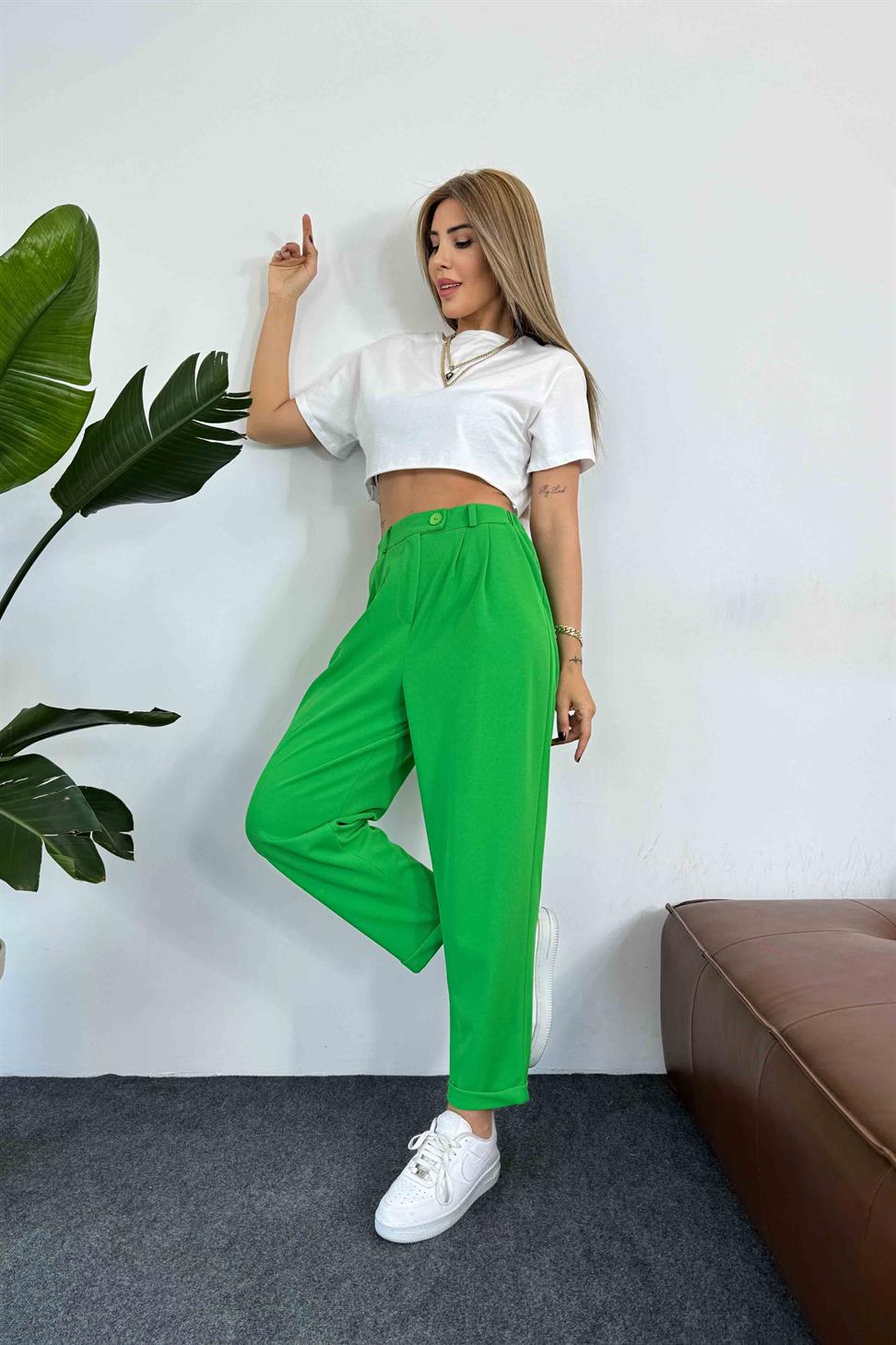 Premium Seri Paçası Katlamalı Kadın Pantolon Yeşil