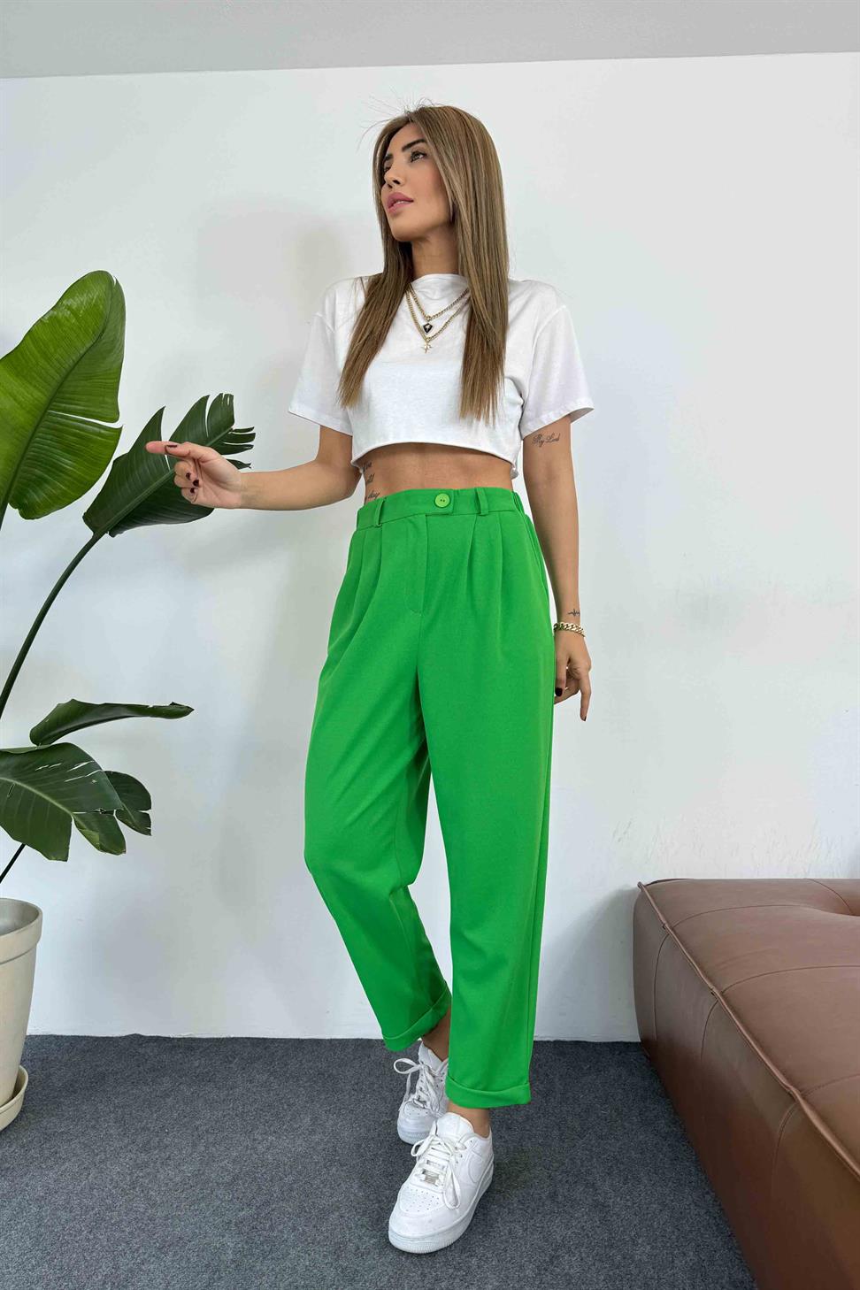 Premium Seri Paçası Katlamalı Kadın Pantolon Yeşil