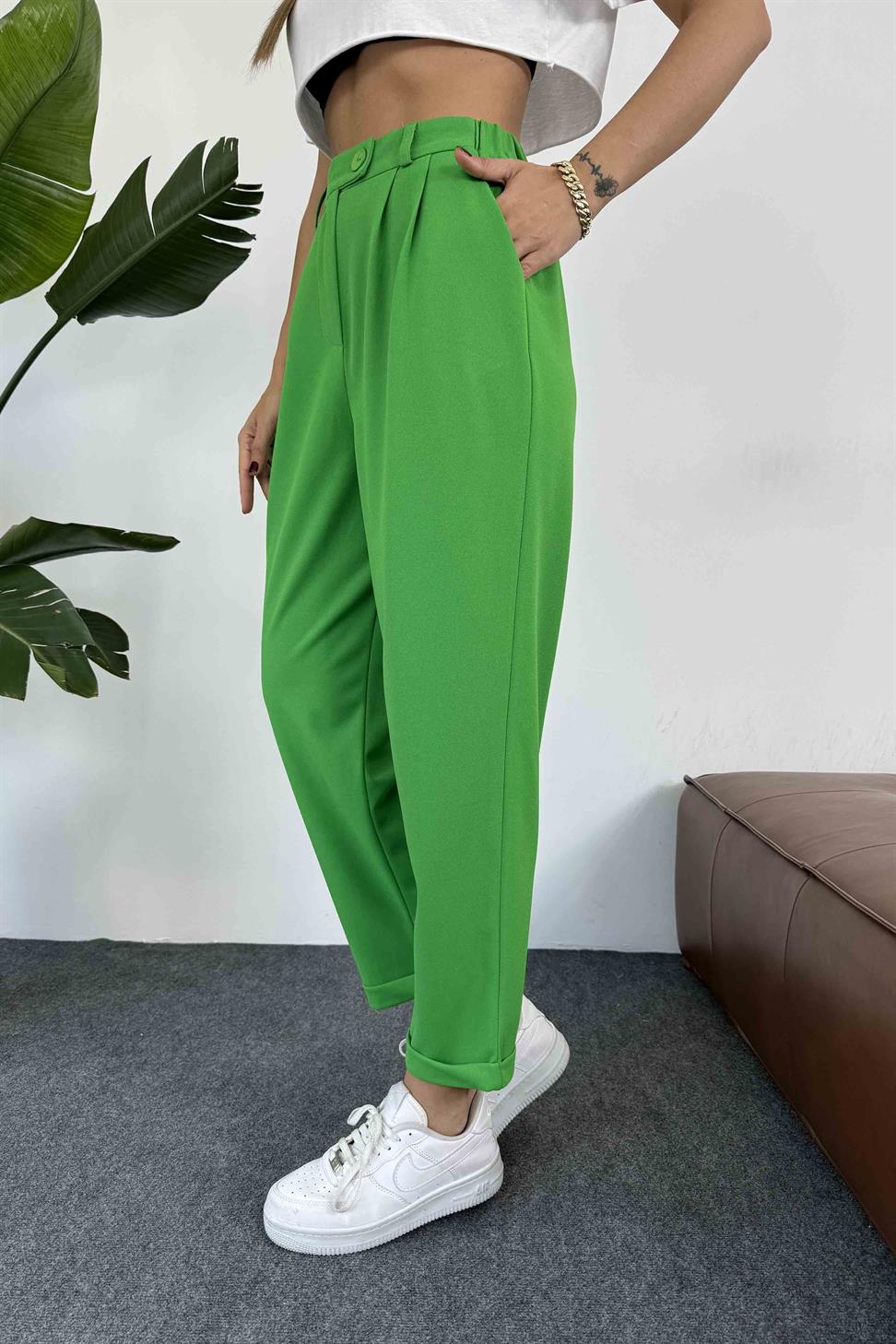 Premium Seri Paçası Katlamalı Kadın Pantolon Yeşil