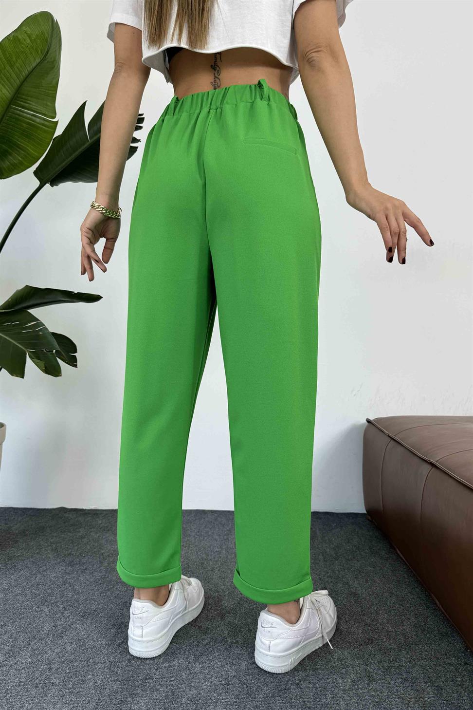 Premium Seri Paçası Katlamalı Kadın Pantolon Yeşil