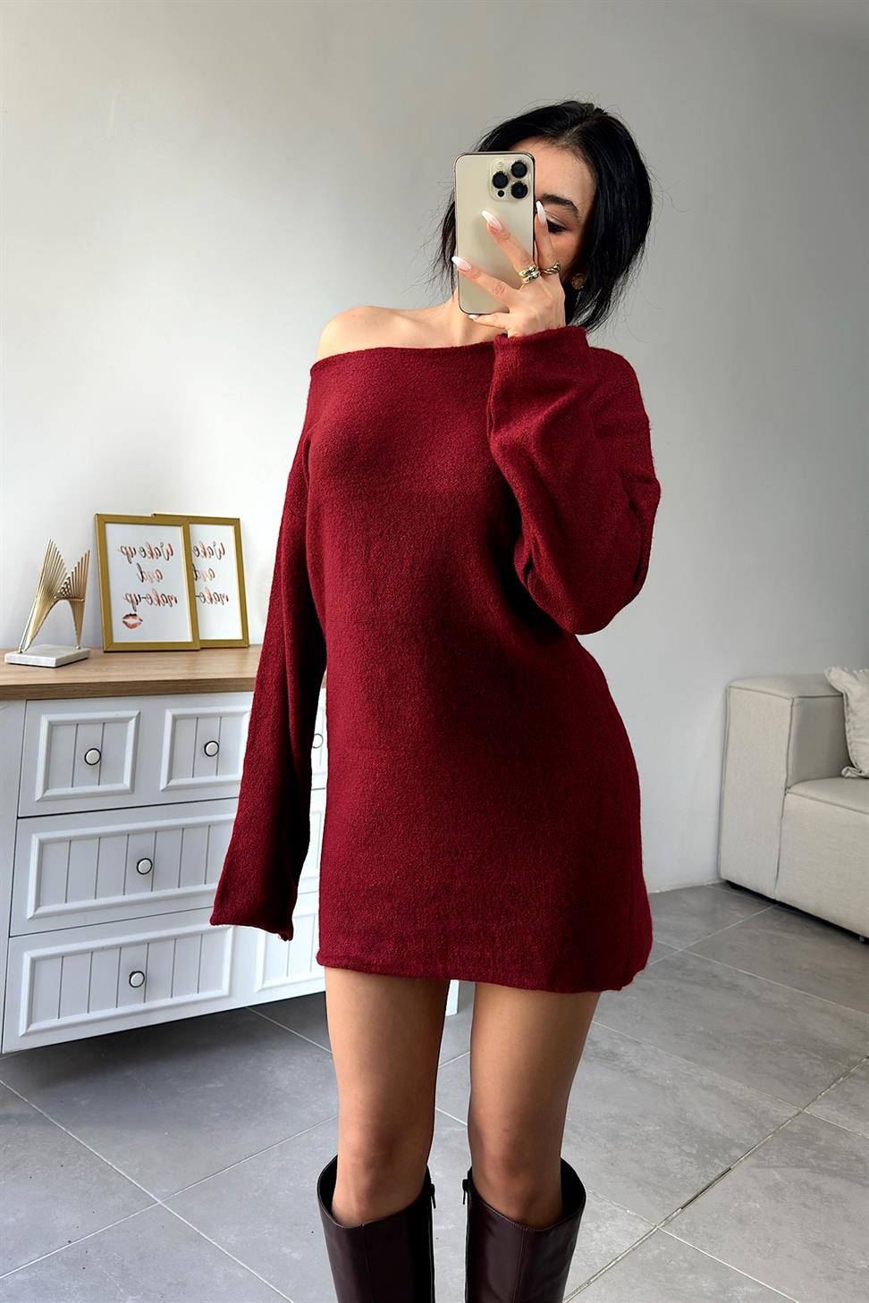 Premium Seri Tek Omuz Kuşak Detaylı Mini Triko Elbise Bordo