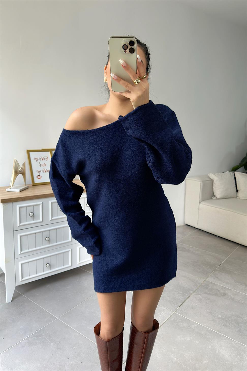 Premium Seri Tek Omuz Kuşak Detaylı Mini Triko Elbise Lacivert