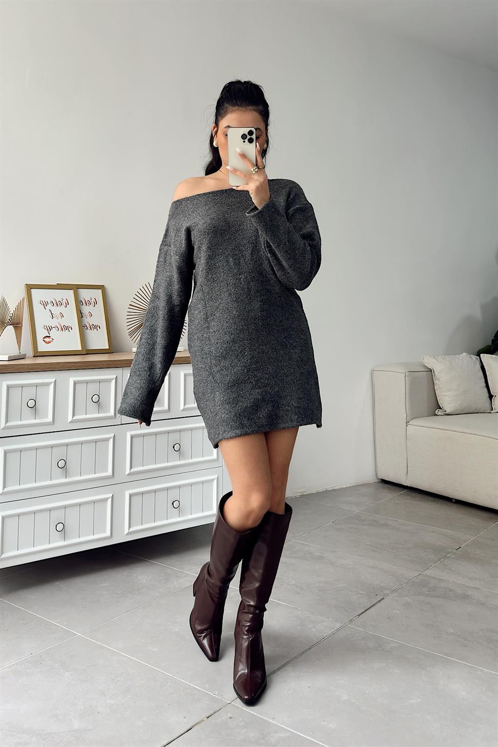 Premium Seri Tek Omuz Kuşak Detaylı Mini Triko Elbise Antrasit