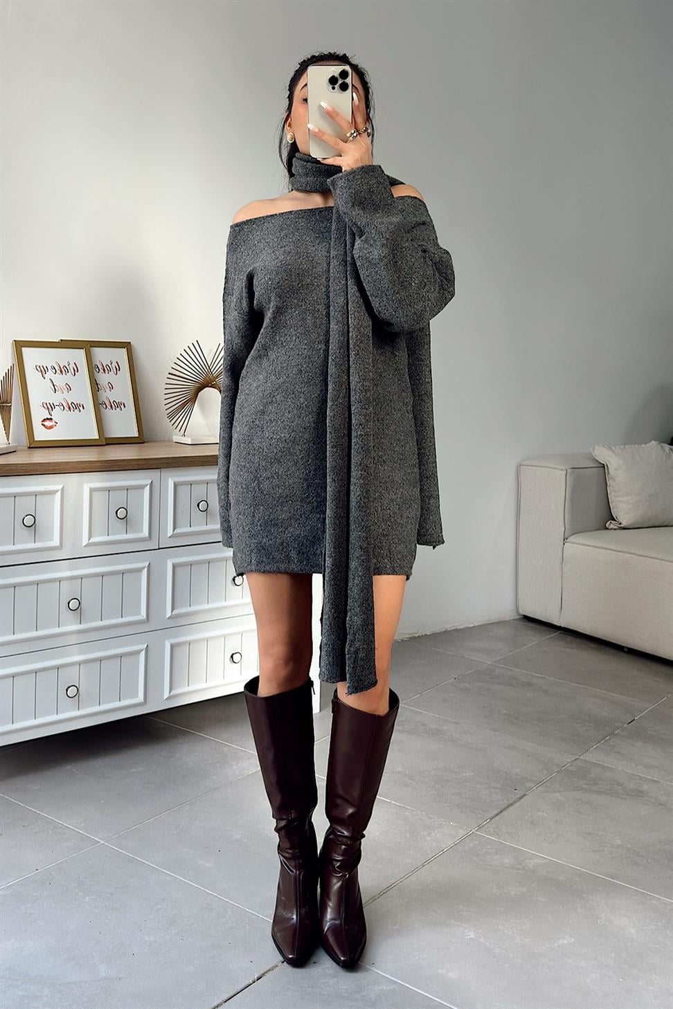 Premium Seri Tek Omuz Kuşak Detaylı Mini Triko Elbise Antrasit