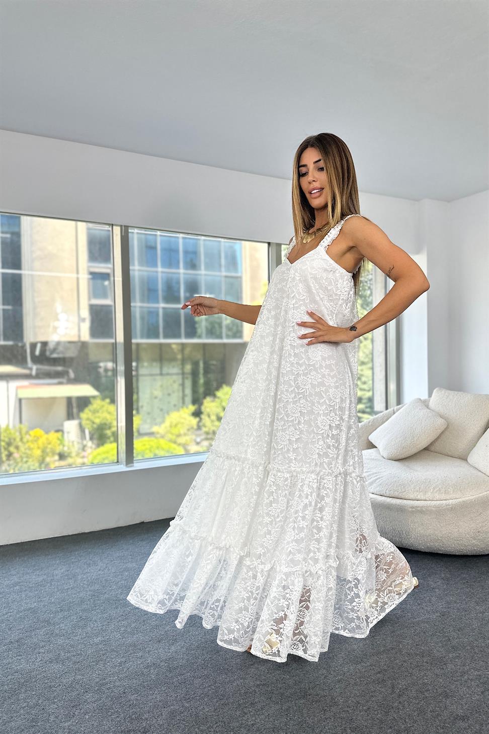 Premium Seri Tül Kumaş Askılı Maxi Elbise Beyaz