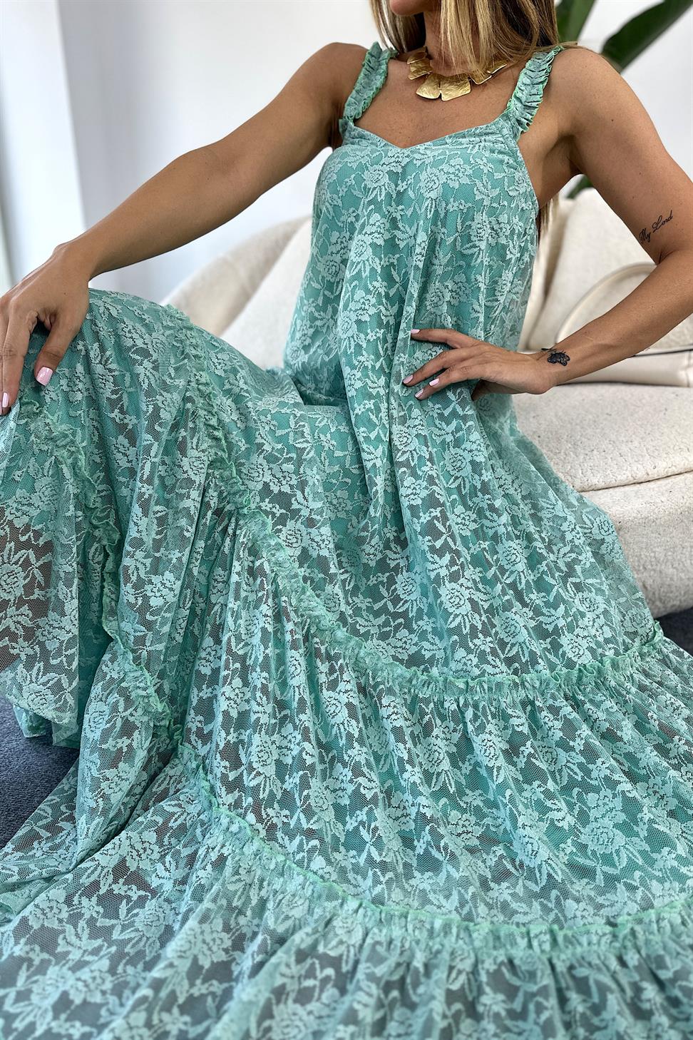 Premium Seri Tül Kumaş Askılı Maxi Elbise Mint