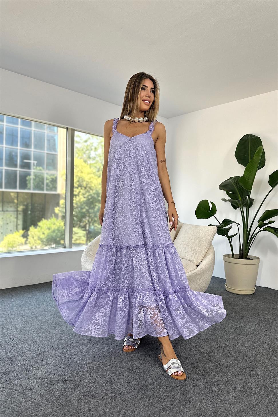 Premium Seri Tül Kumaş Askılı Maxi Elbise Lila