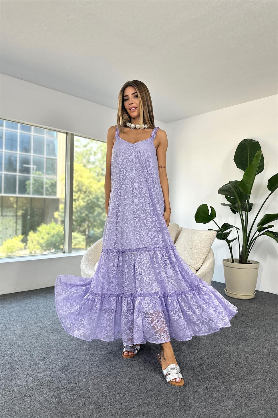 Premium Seri Tül Kumaş Askılı Maxi Elbise Lila