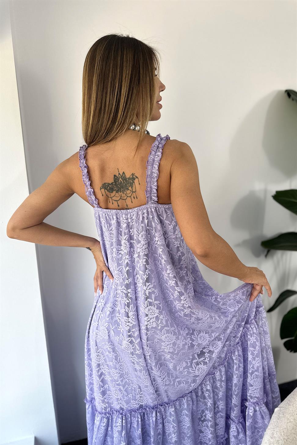 Premium Seri Tül Kumaş Askılı Maxi Elbise Lila