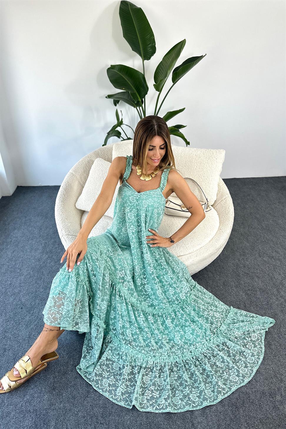 Premium Seri Tül Kumaş Askılı Maxi Elbise Mint