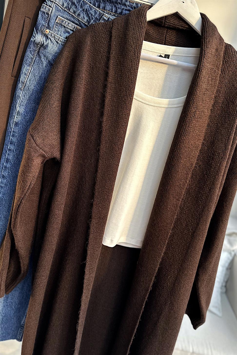 Premium Seri Uzun Triko Hırka Acı Kahve