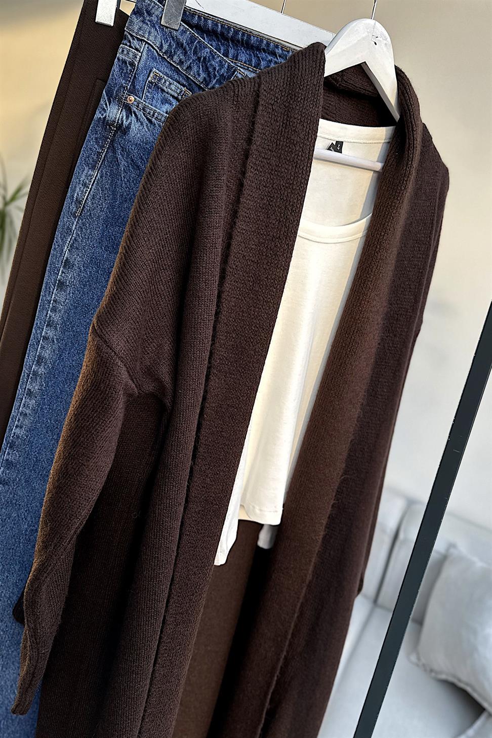 Premium Seri Uzun Triko Hırka Acı Kahve