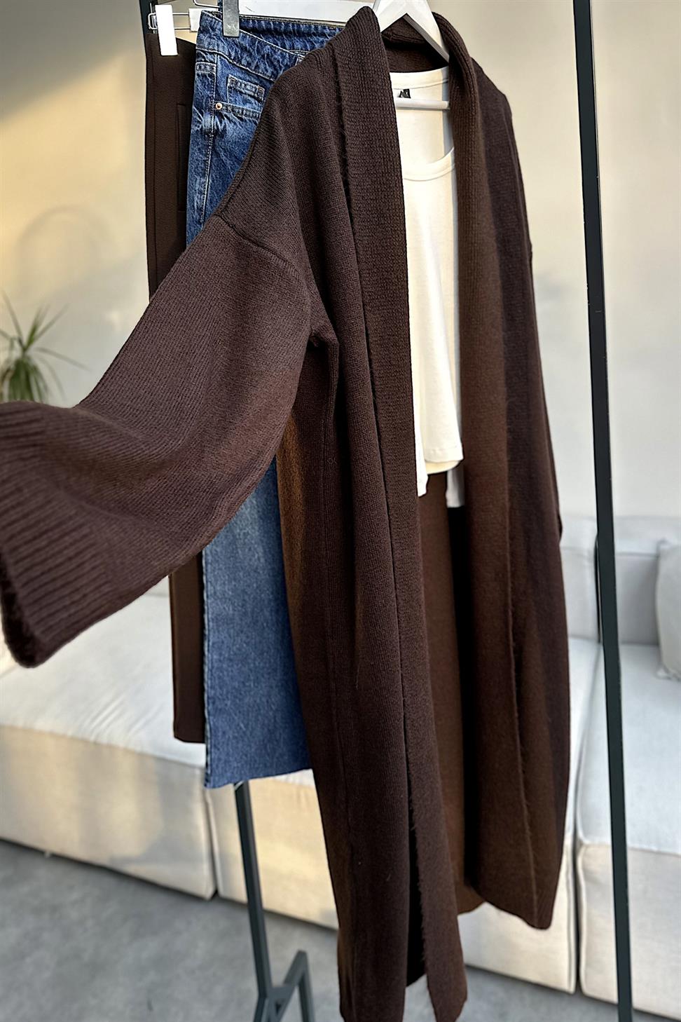 Premium Seri Uzun Triko Hırka Acı Kahve