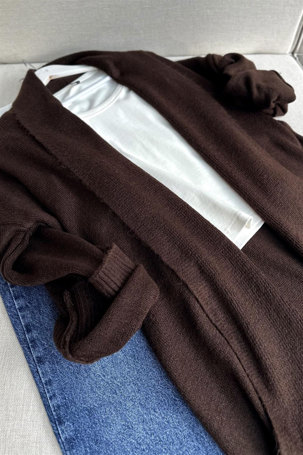 Premium Seri Uzun Triko Hırka Acı Kahve