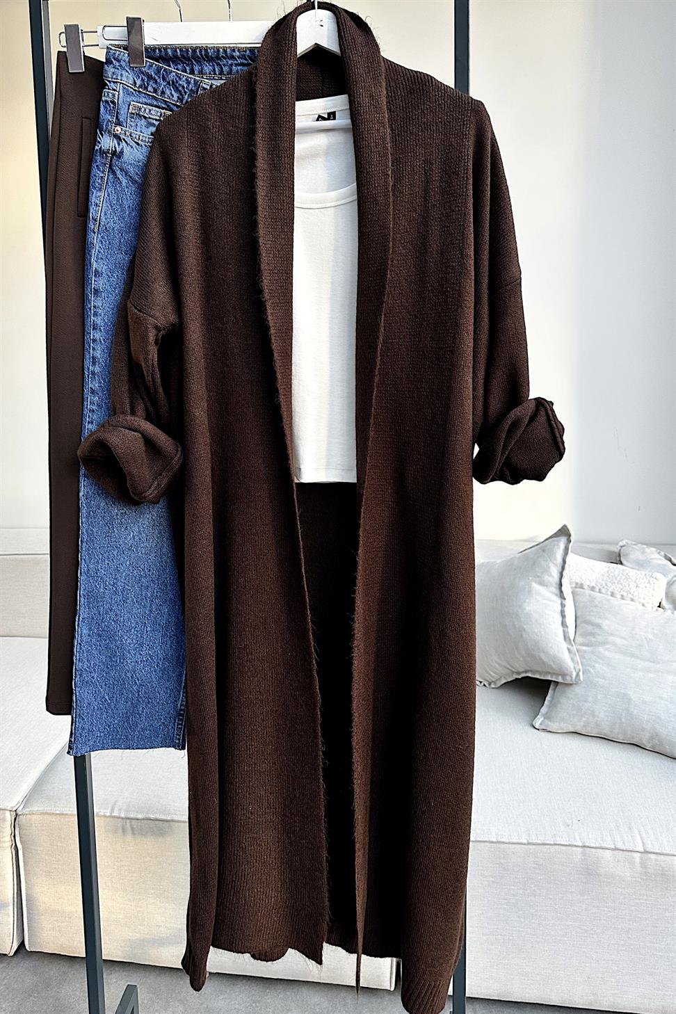 Premium Seri Uzun Triko Hırka Acı Kahve