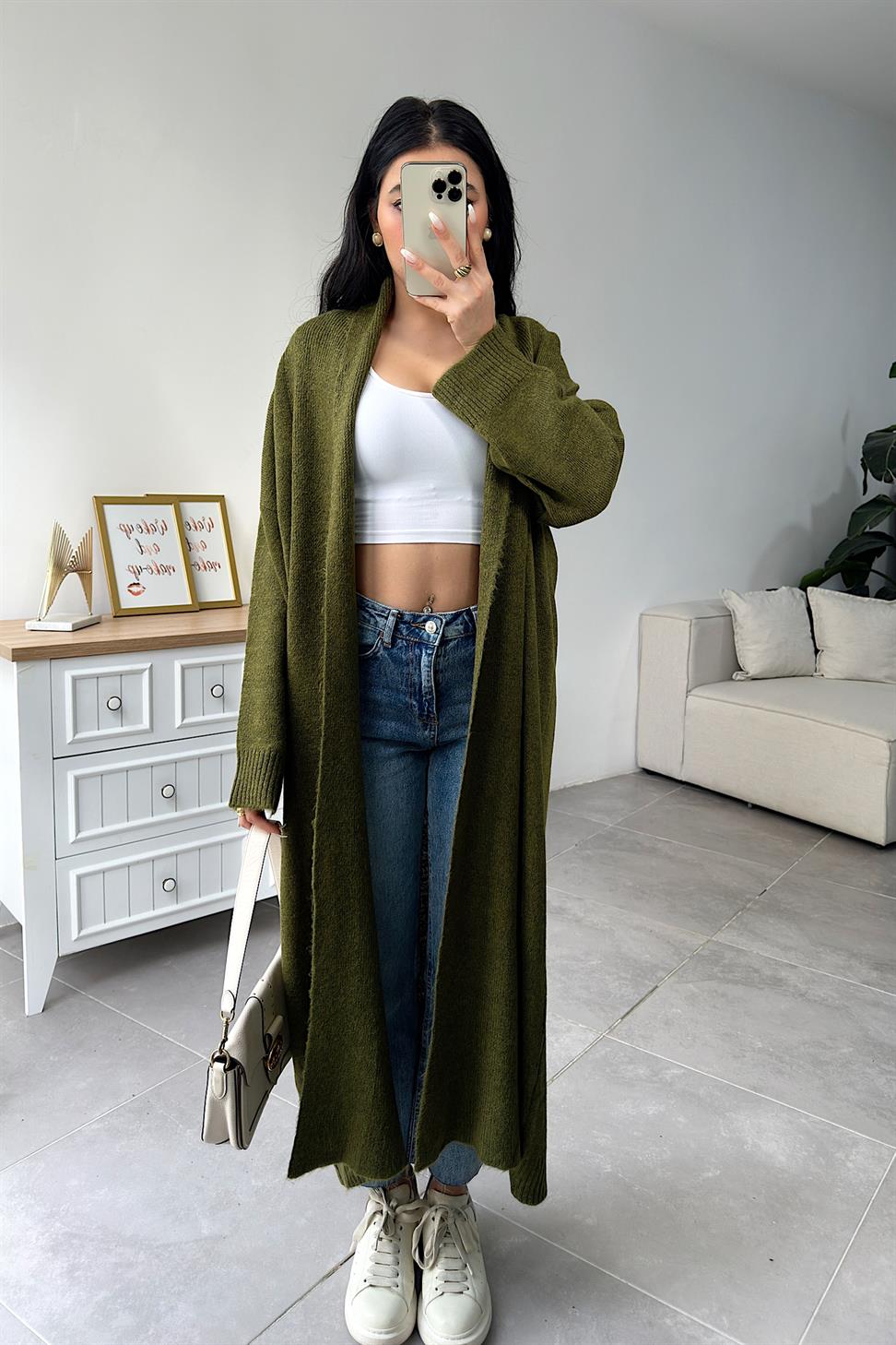 Premium Seri Uzun Triko Hırka Haki