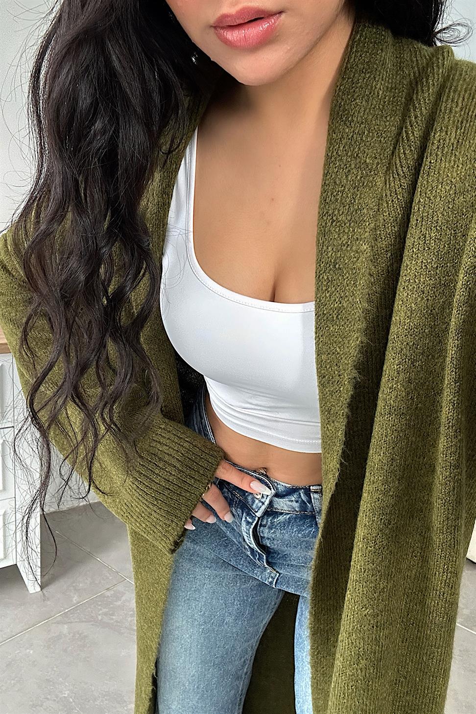 Premium Seri Uzun Triko Hırka Haki