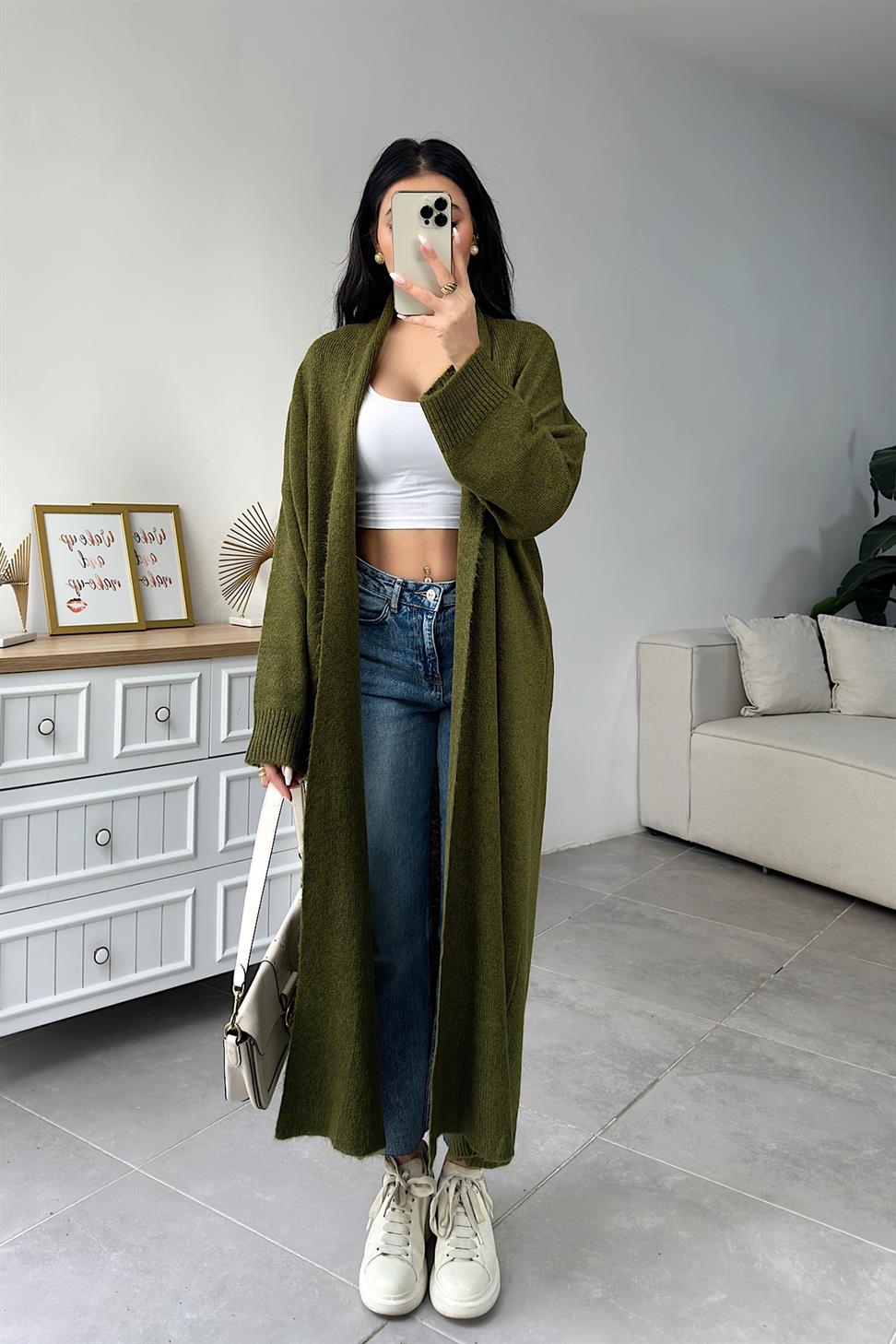 Premium Seri Uzun Triko Hırka Haki