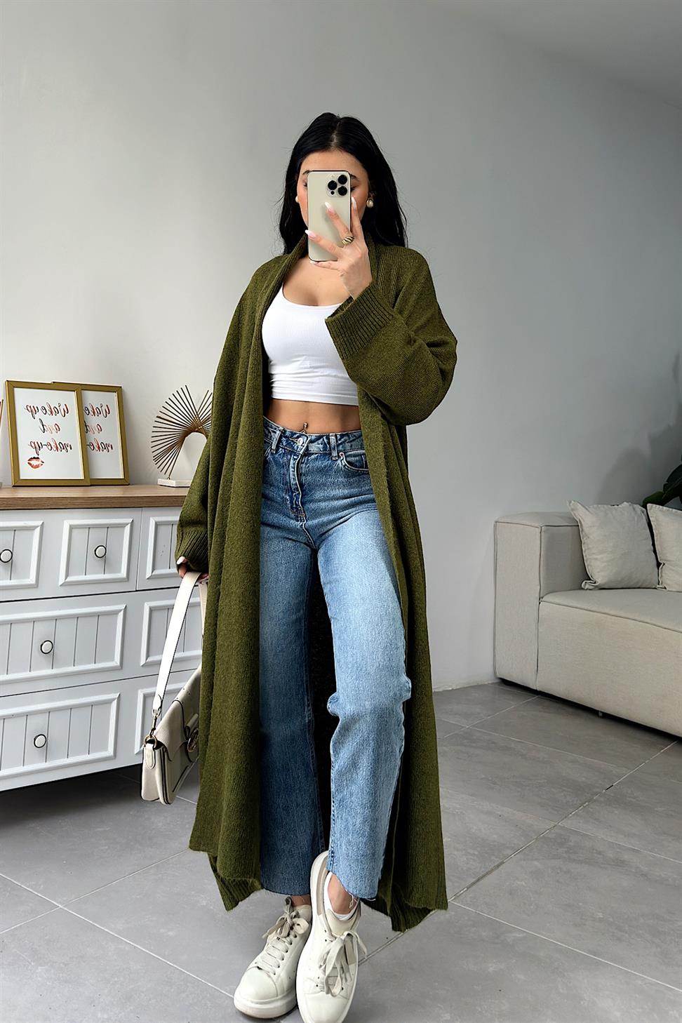 Premium Seri Uzun Triko Hırka Haki