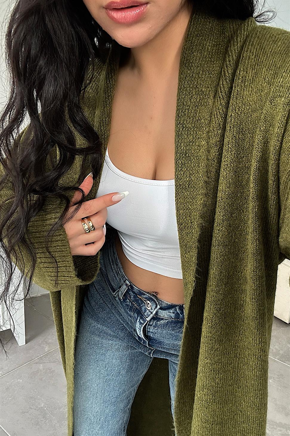 Premium Seri Uzun Triko Hırka Haki