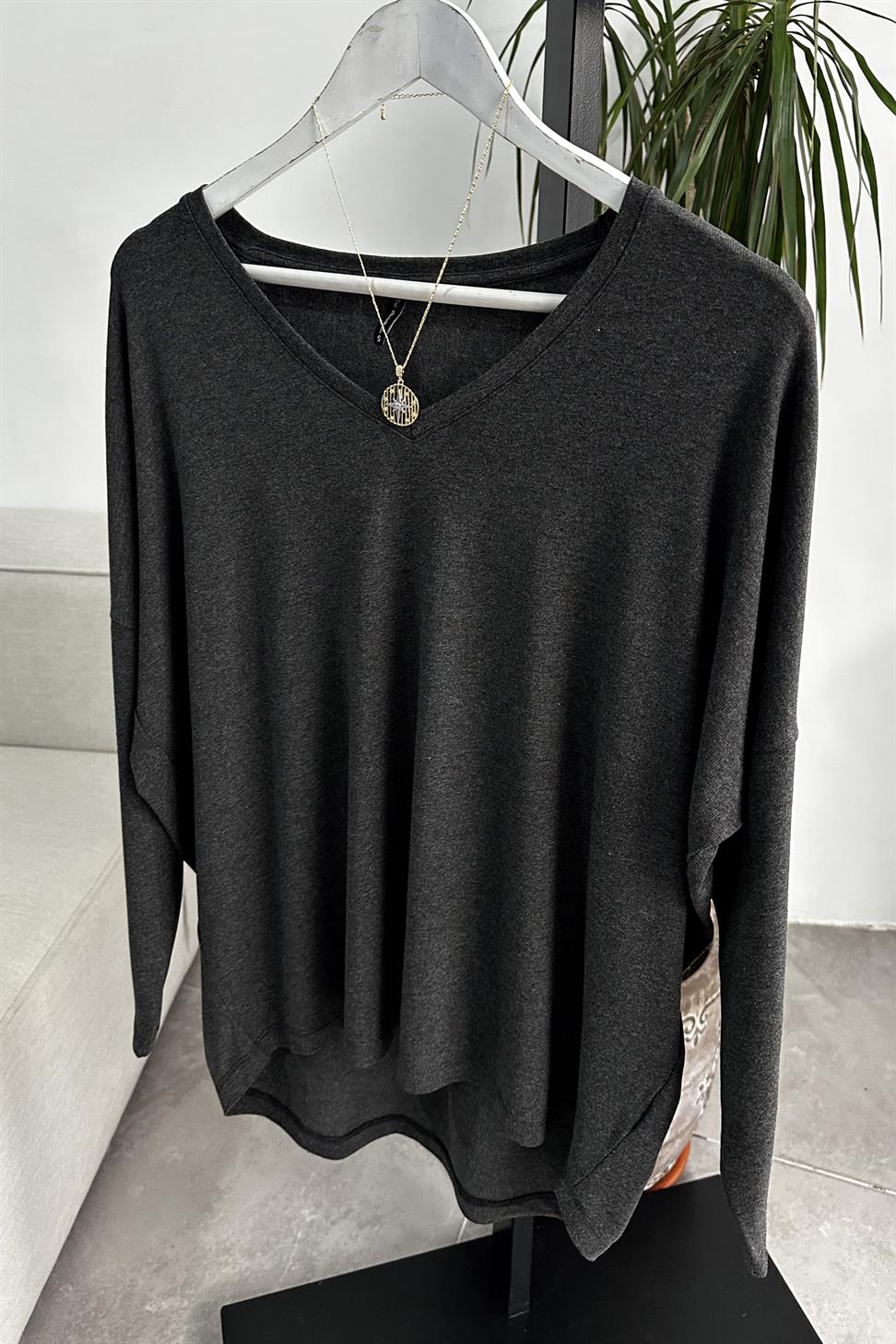 Premium Seri V Yaka Basic Bluz Antrasit