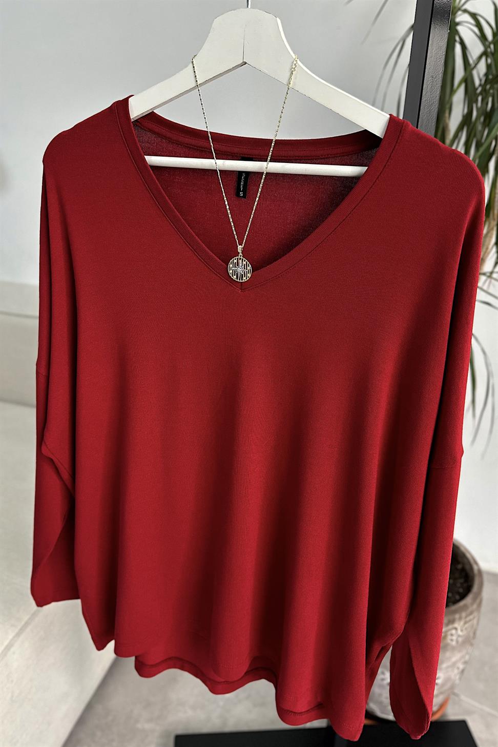 Premium Seri V Yaka Basic Bluz Bordo