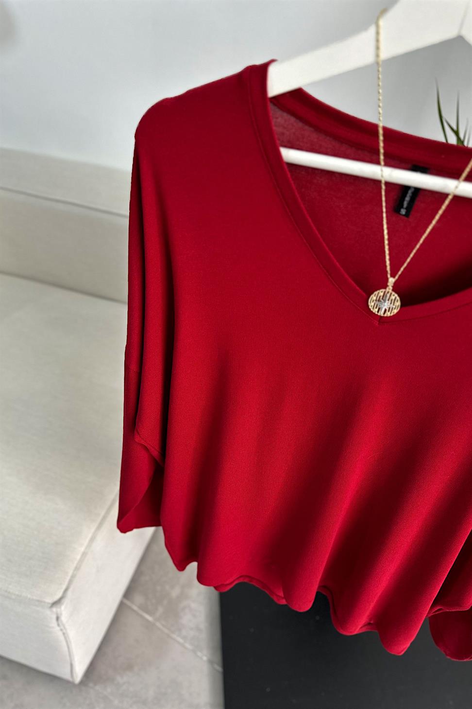 Premium Seri V Yaka Basic Bluz Bordo
