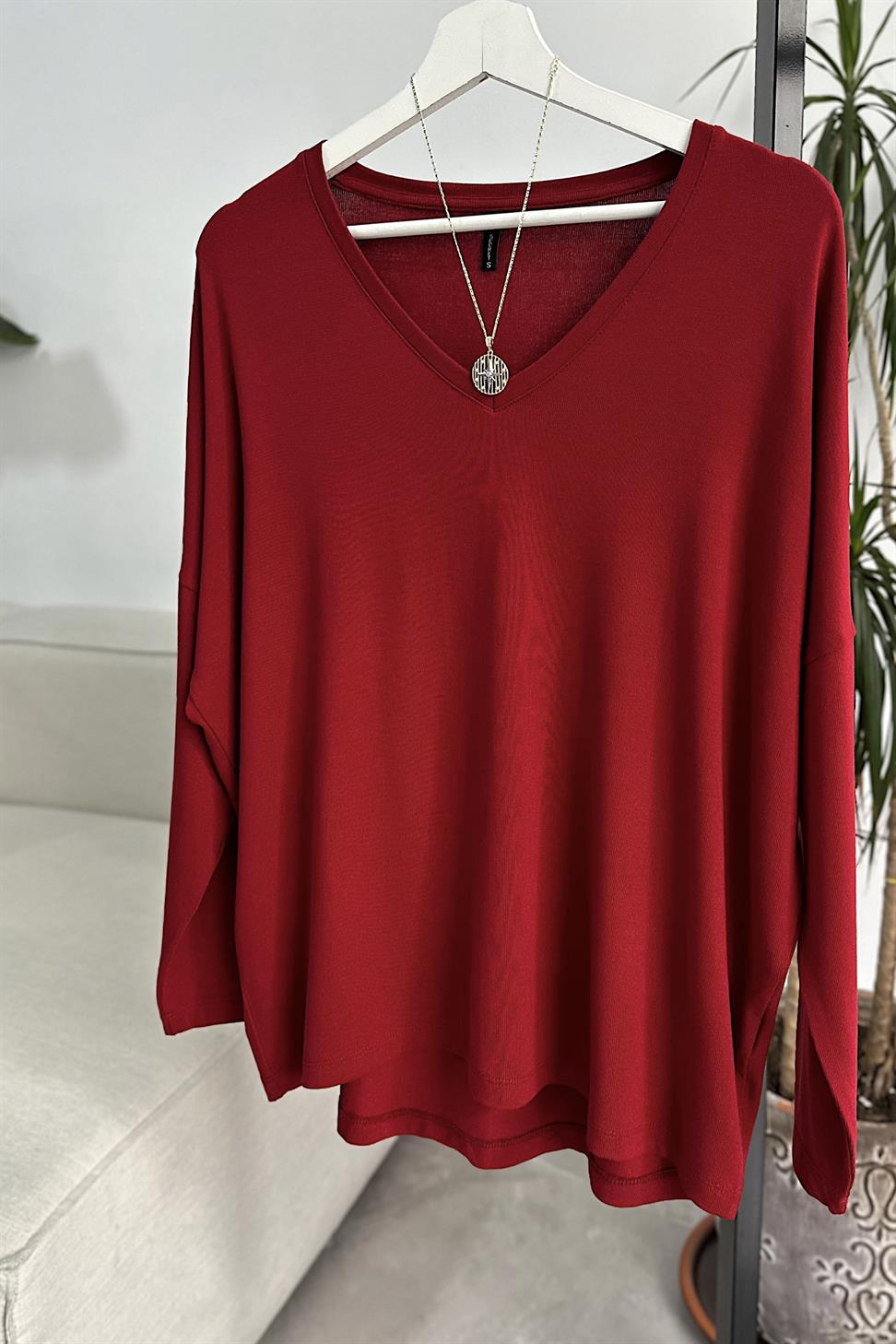 Premium Seri V Yaka Basic Bluz Bordo
