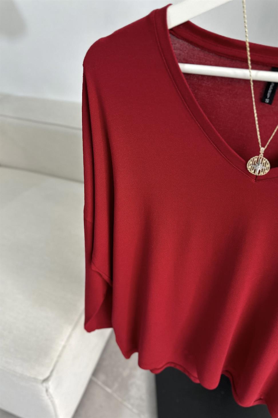 Premium Seri V Yaka Basic Bluz Bordo