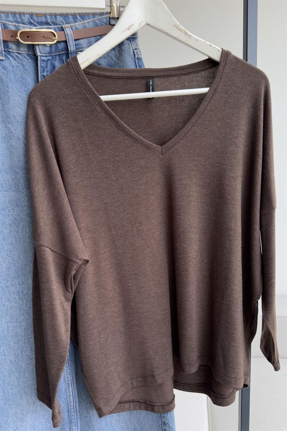 Premium Seri V Yaka Basic Bluz Kahverengi
