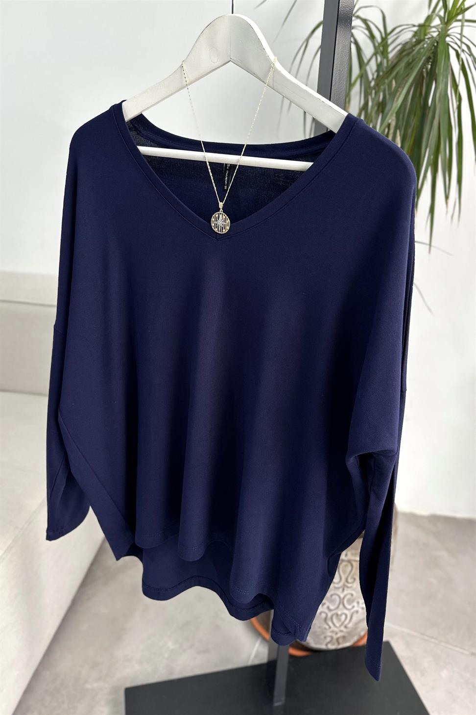 Premium Seri V Yaka Basic Bluz Lacivert