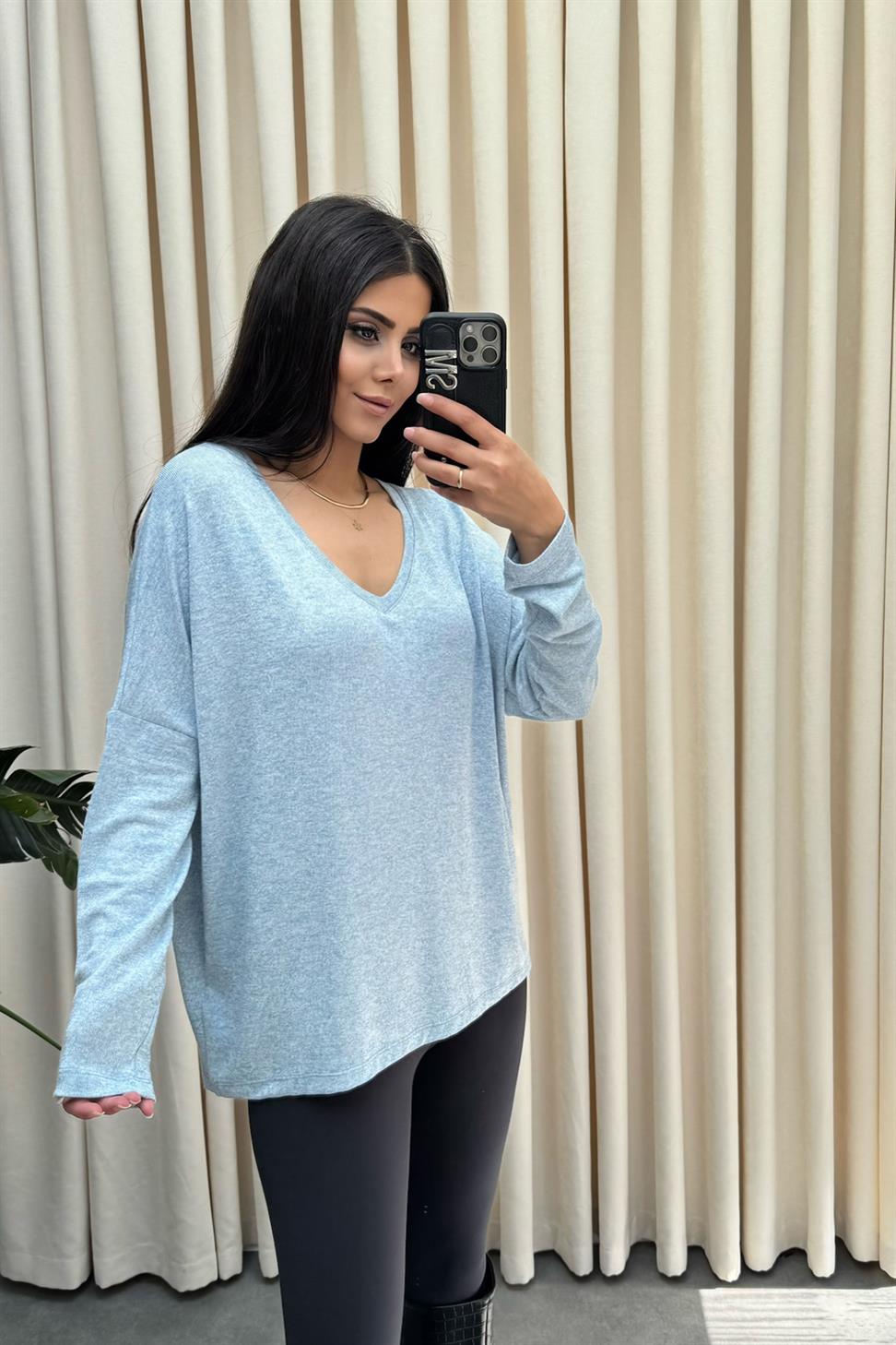 Premium Seri V Yaka Basic Bluz Mavi