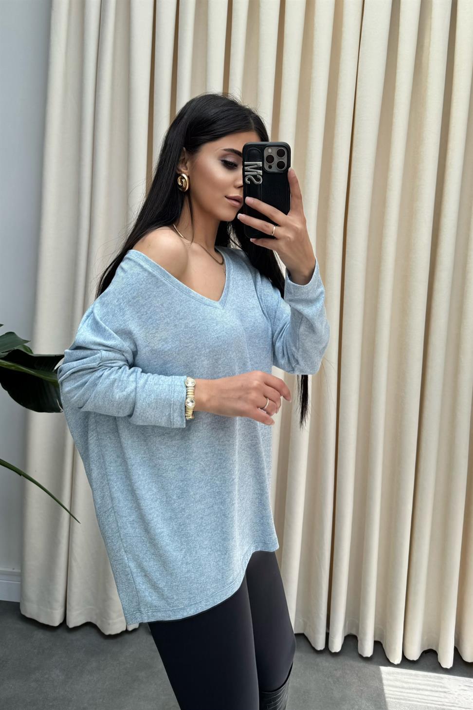 Premium Seri V Yaka Basic Bluz Mavi
