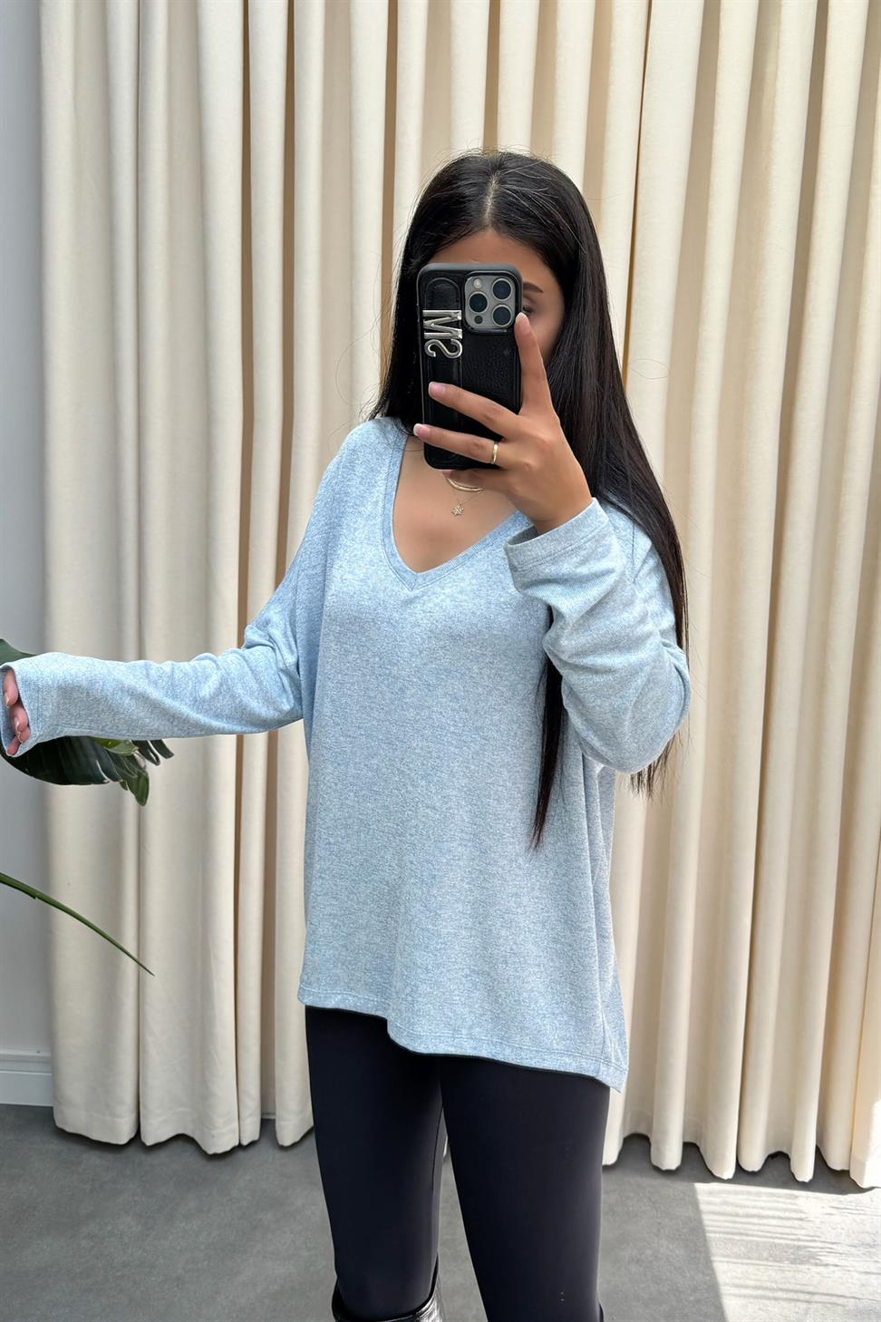 Premium Seri V Yaka Basic Bluz Mavi
