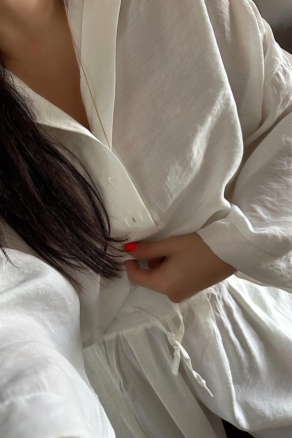 Premium Tensel Kumaş Polo Yaka Gömlek Palazzo Takım Beyaz