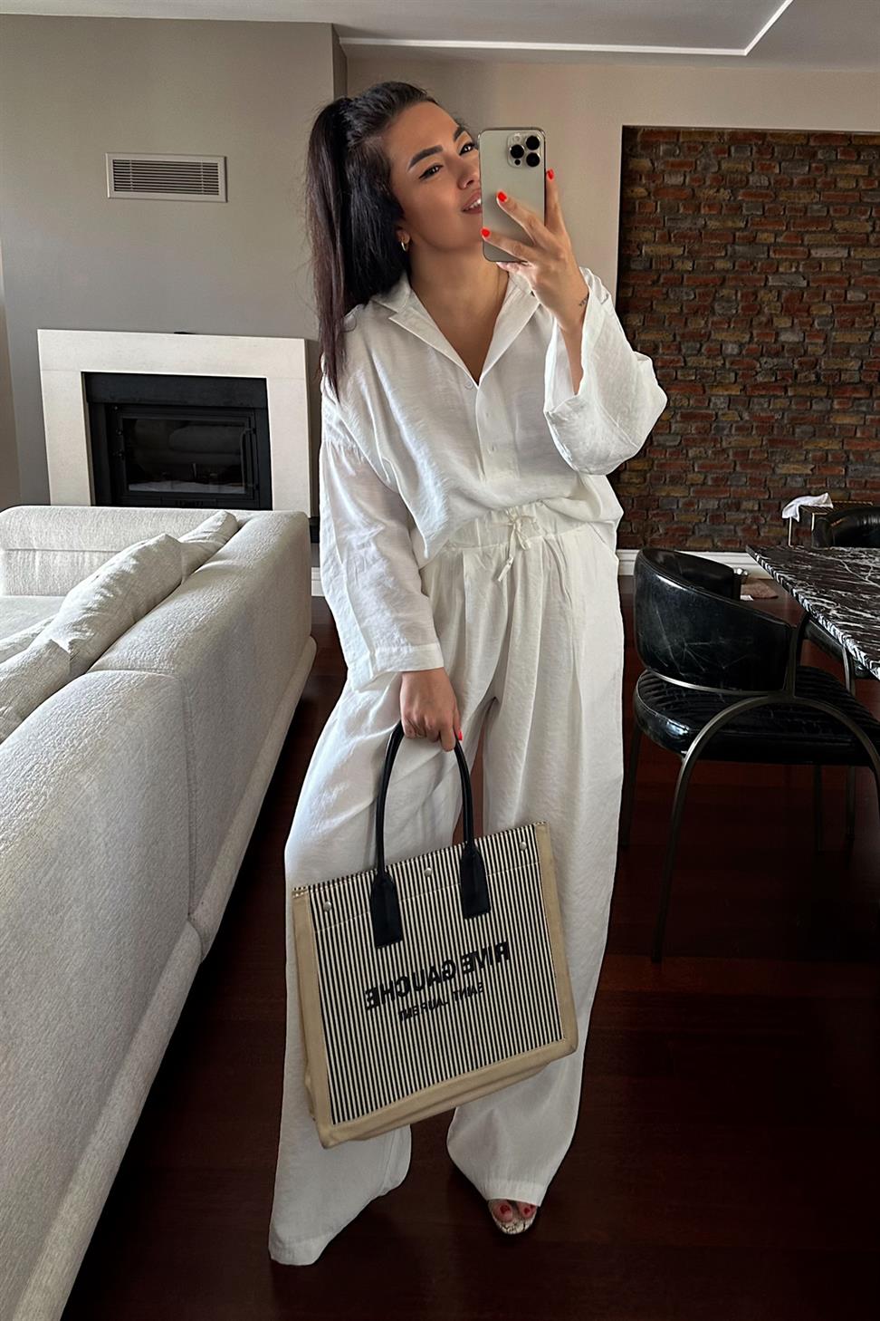 Premium Tensel Kumaş Polo Yaka Gömlek Palazzo Takım Beyaz