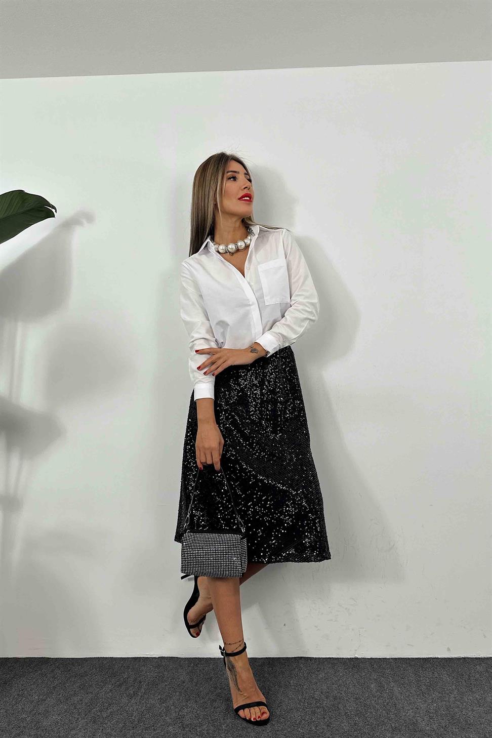 Pul Payet Tasarım Astarlı Kloş Etek Siyah